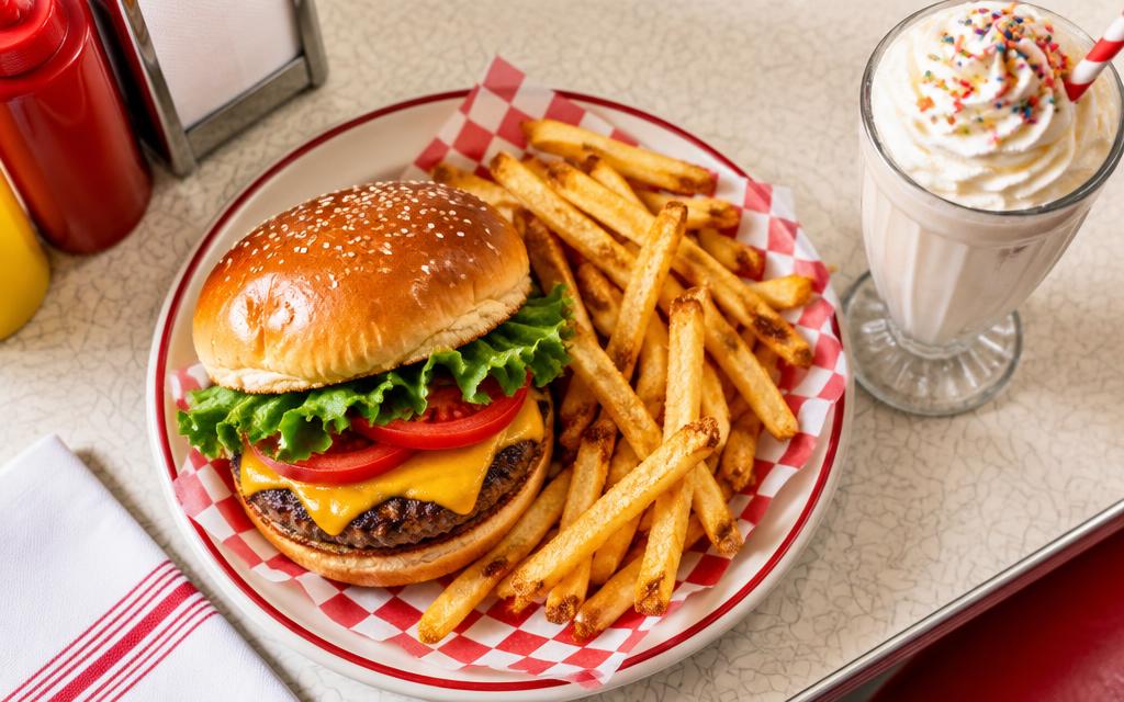 A cheeseburger, fries, and a milkshake