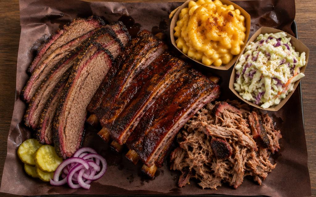 A smoked BBQ platter with brisket and ribs