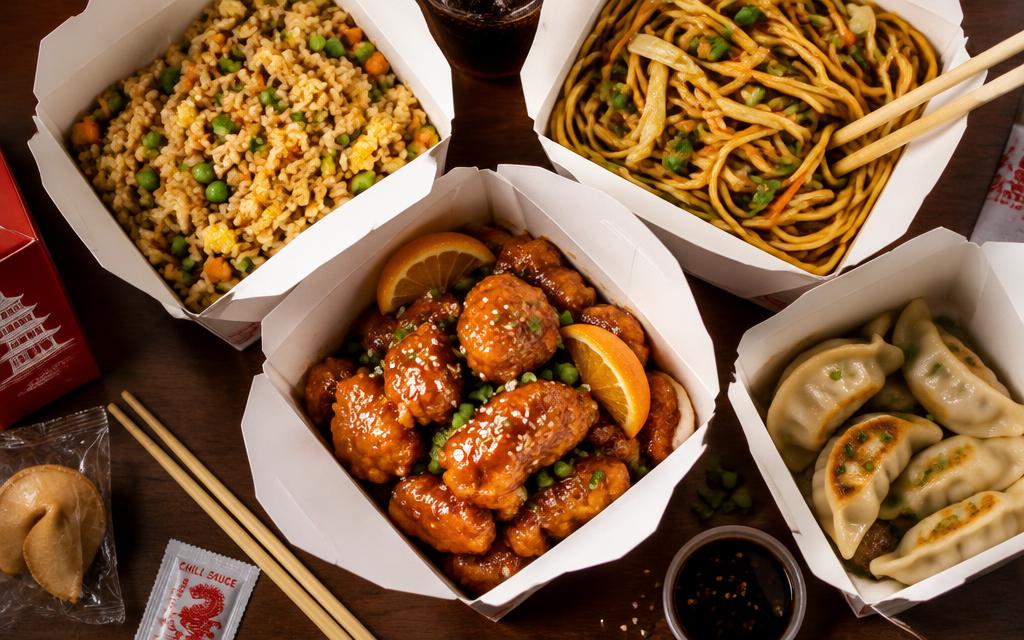 Chinese takeout boxes with orange chicken and noodles