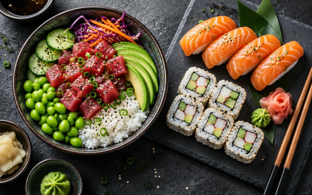 A poke bowl and a plate of sushi rolls