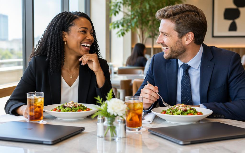 Two colleagues laughing over a business lunch