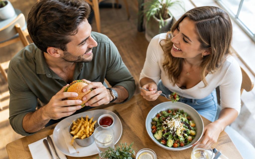 A couple laughing over lunch at a bright restaurant