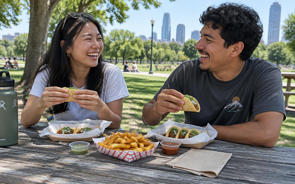 Two friends eating tacos at a park table