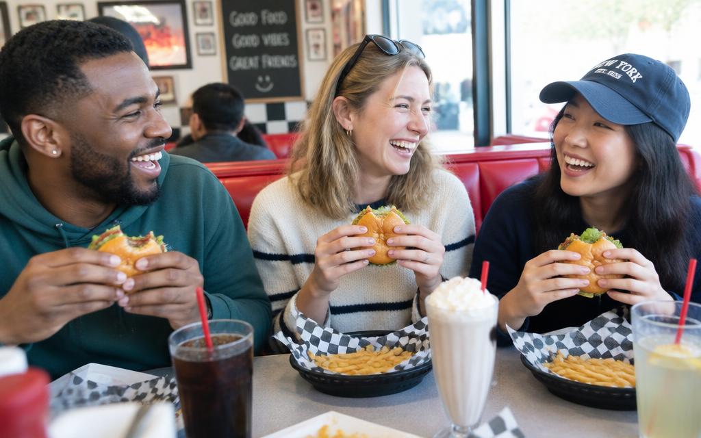 Three friends sharing burgers in a diner booth